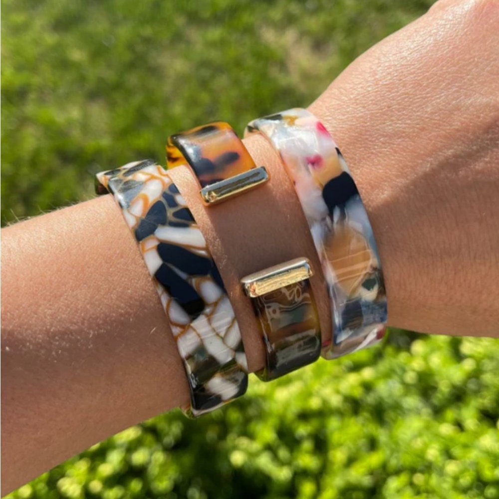 Acrylic Cuff Bracelets w/ Gold Caps Resin Black Brown Colorful - Picture 3 of 4